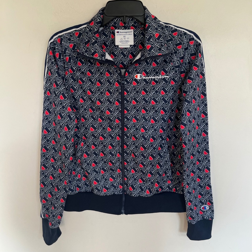 Champion‎ Womens XS Monogram Logo Full Zip Track Jacket Navy Red